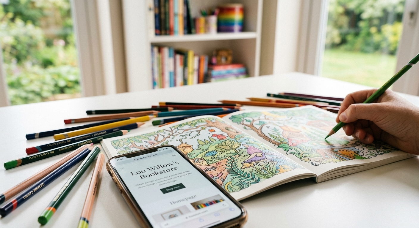 Een geopend kleurboek met natuurtekeningen, kleurpotloden en een smartphone op een bureau met uitzicht op een tuin.